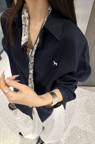 韩国zuowooon8637气质通勤麻衬衫女polo领长袖衬衣纯色内搭ZW