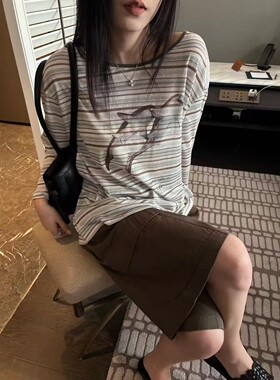 WT韩系卡通小狗印花条纹长袖T恤女夏季宽松薄款防晒衫减龄Wat