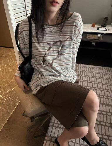 WT韩系卡通小狗印花条纹长袖T恤女夏季宽松薄款防晒衫减龄Wat