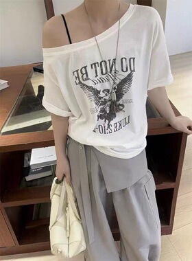 正品M77Y3斜肩T恤女2026夏季新款薄款天使印花雪花棉麻上衣89076