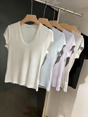 闰熙runxiU领纯色修身弹力夏新款短袖显瘦百搭时尚正肩T恤女5336