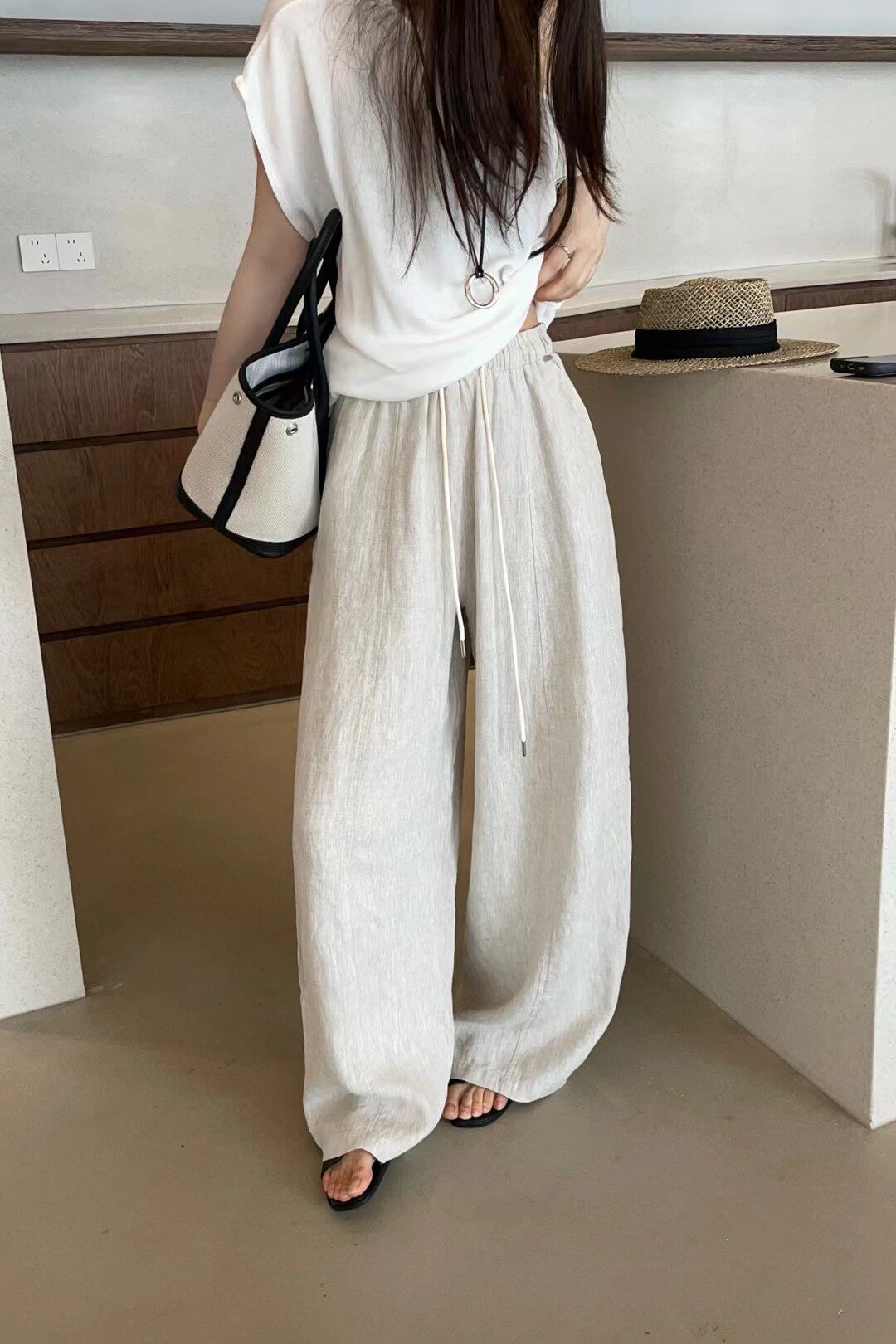 纤贝思1059亚麻白色裤子夏2026新款气球裤速干薄款麻料休闲阔腿裤
