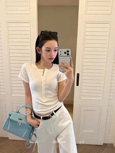 KAPOK韩系正见肩通勤风修身短袖T恤女韩版纽扣设计百搭气质上衣