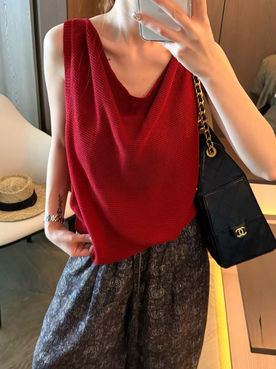 无袖上衣女夏季薄款背心外穿短款荡领高级感老钱风冰丝亚麻针织衫