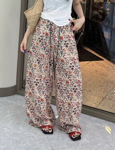 大超小越2656夏季新品高腰宽松显瘦天丝亚麻格子裤阔腿拖地长裤女