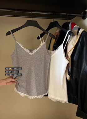 W.T正品2026春夏韩系小清新蕾丝花边V领吊带打底背心美背6062wt
