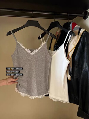 W.T正品2026春夏韩系小清新蕾丝花边V领吊带打底背心美背6062wt