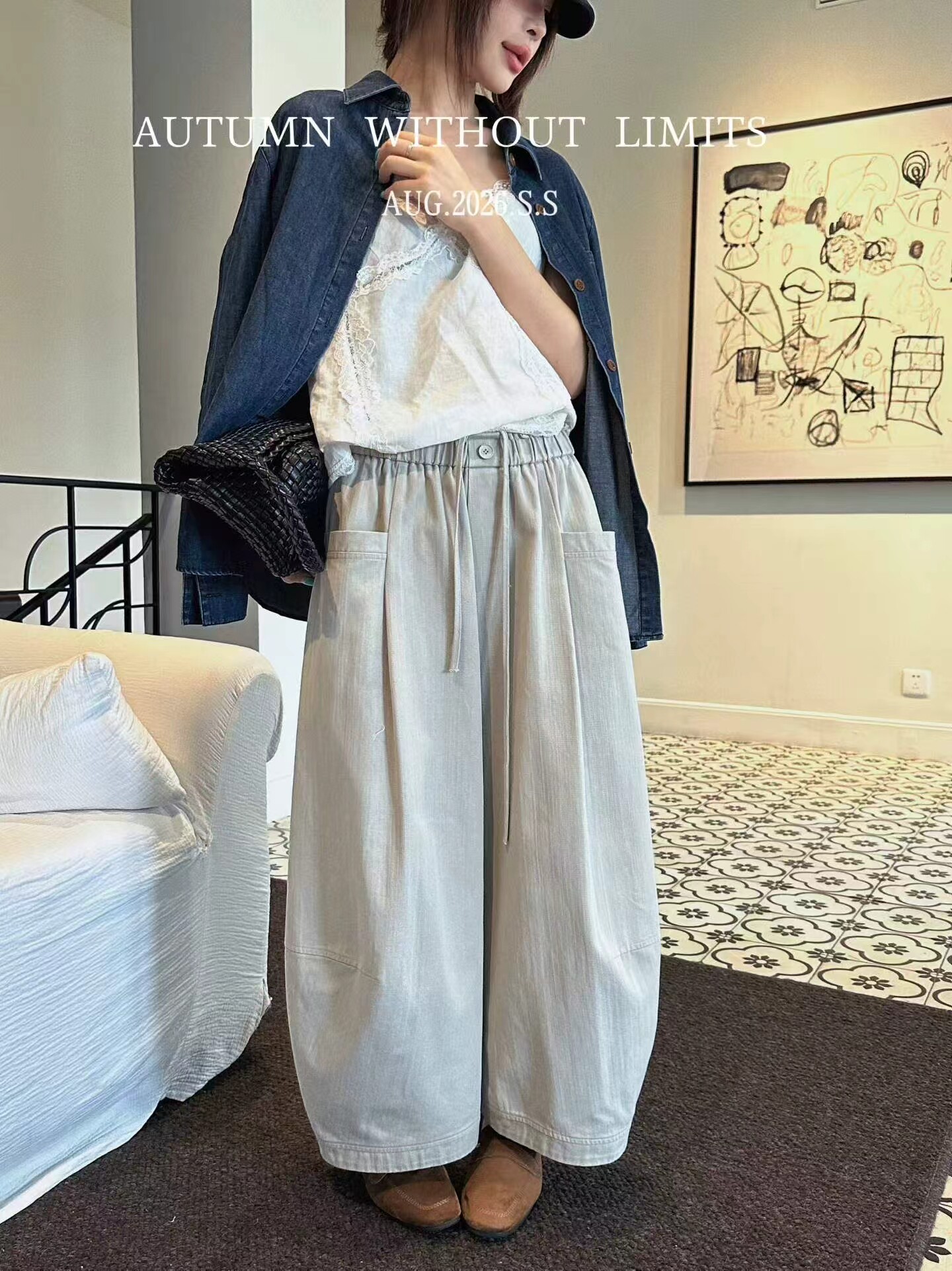 S-she正品58020松紧高腰系带阔腿裤女2026秋新款宽松显瘦直筒长裤