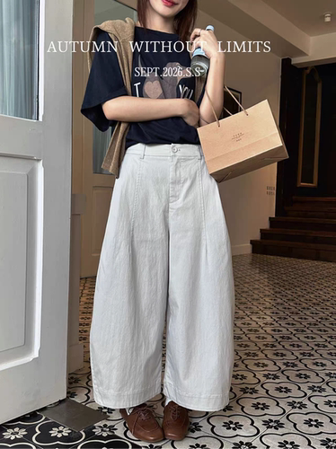 SHE-正品58023高腰阔腿裤女秋季宽松显瘦九分弯刀裤小个子休闲裤