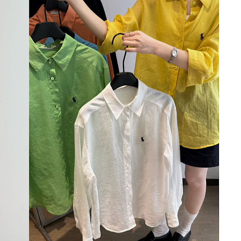 QBS1051翻领小马刺绣基础款亚麻水洗长袖舒适休闲衬衫女qianbeisi