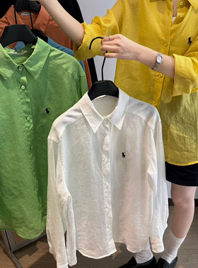 纤贝思Q1051翻领纯色小马刺绣基础款亚麻水洗长袖舒适休闲衬衫女