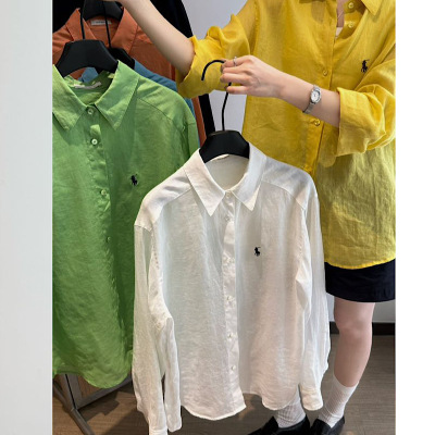 QBS1051翻领小马刺绣基础款亚麻水洗长袖舒适休闲衬衫女qianbeisi