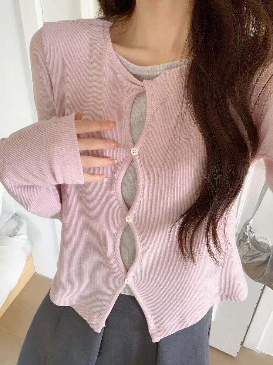 omelet蛋卷  春季新款韩系春款甜美简约款假两件长袖显瘦上衣6195