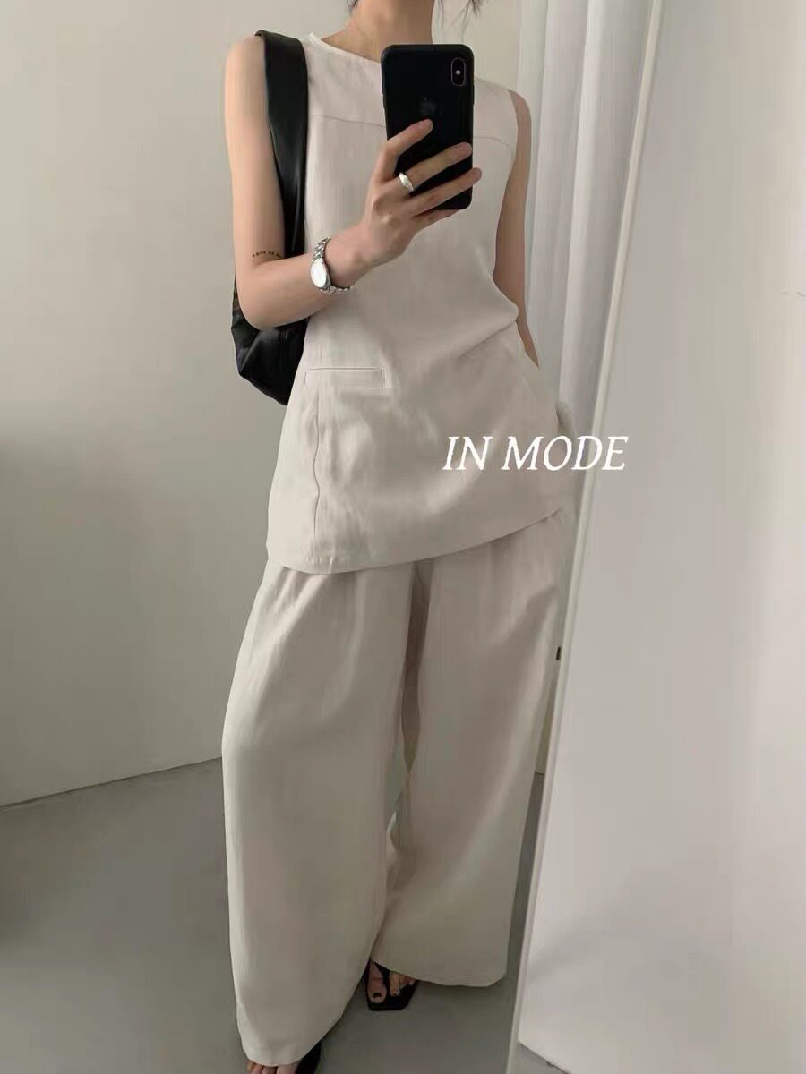 INMODE正品春夏新款百搭显瘦极简韩风天丝亚麻背心阔腿裤套装8937