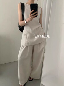 INMODE正品春夏新款百搭显瘦极简韩风天丝亚麻背心阔腿裤套装8937