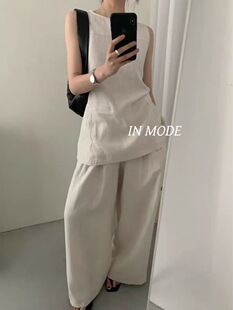 INMODE春夏新款百搭显瘦极简韩风天丝亚麻背心阔腿裤套装8937
