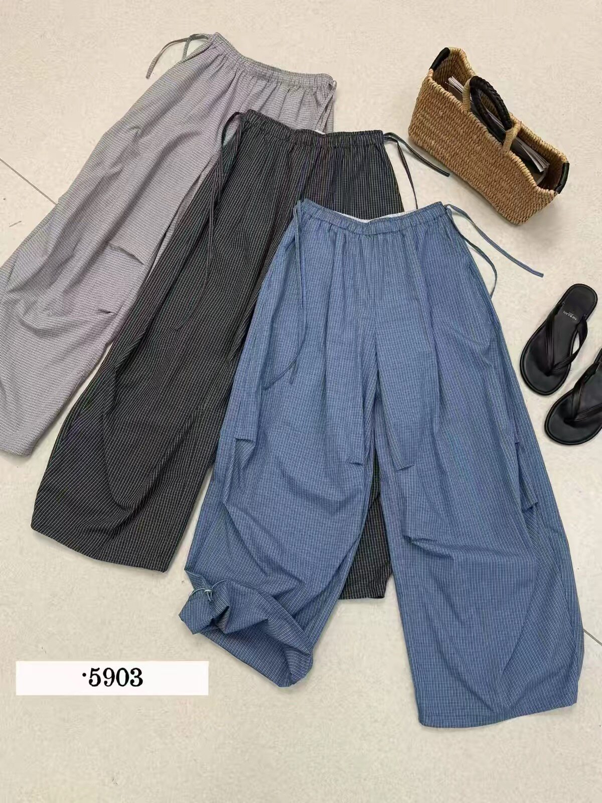 W5903松紧腰抽绳褶皱格子阔腿裤女夏装宽松显瘦洋气工装裤休闲裤