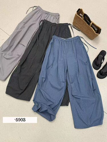 W5903松紧腰抽绳褶皱格子阔腿裤女夏装宽松显瘦洋气工装裤休闲裤