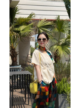 X【叭哒不惑】星点  桑蚕丝不对称扭褶设计老钱短袖女宽松百搭