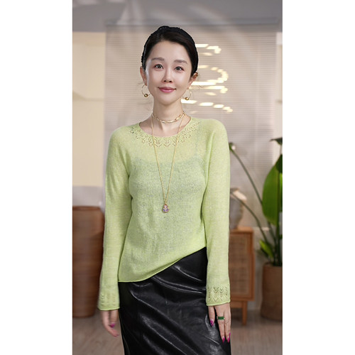 X【叭哒不惑】小确幸 羊毛简约时尚镂空花边圆领长袖针织衫
