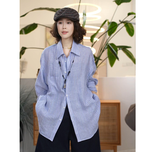 Y【叭哒不惑】大蓝 亚麻蓝白条纹衬衫长袖翻领休闲百搭上衣