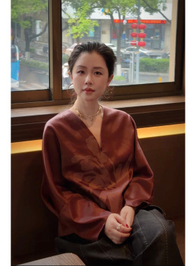 Y【叭哒不惑】赤兰 桑蚕丝红云纱中式长袖宽松V领高级感上衣