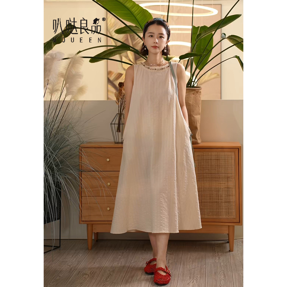 棉夏季百搭纯色无袖连衣裙