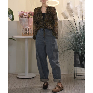 长裤 棉复古水洗弯刀高腰阔腿显瘦牛仔裤 松垮裤 百搭 叭哒不惑