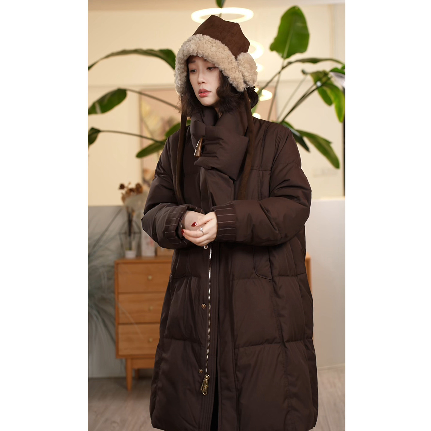 单排扣围巾领鸭绒服百搭羽绒服