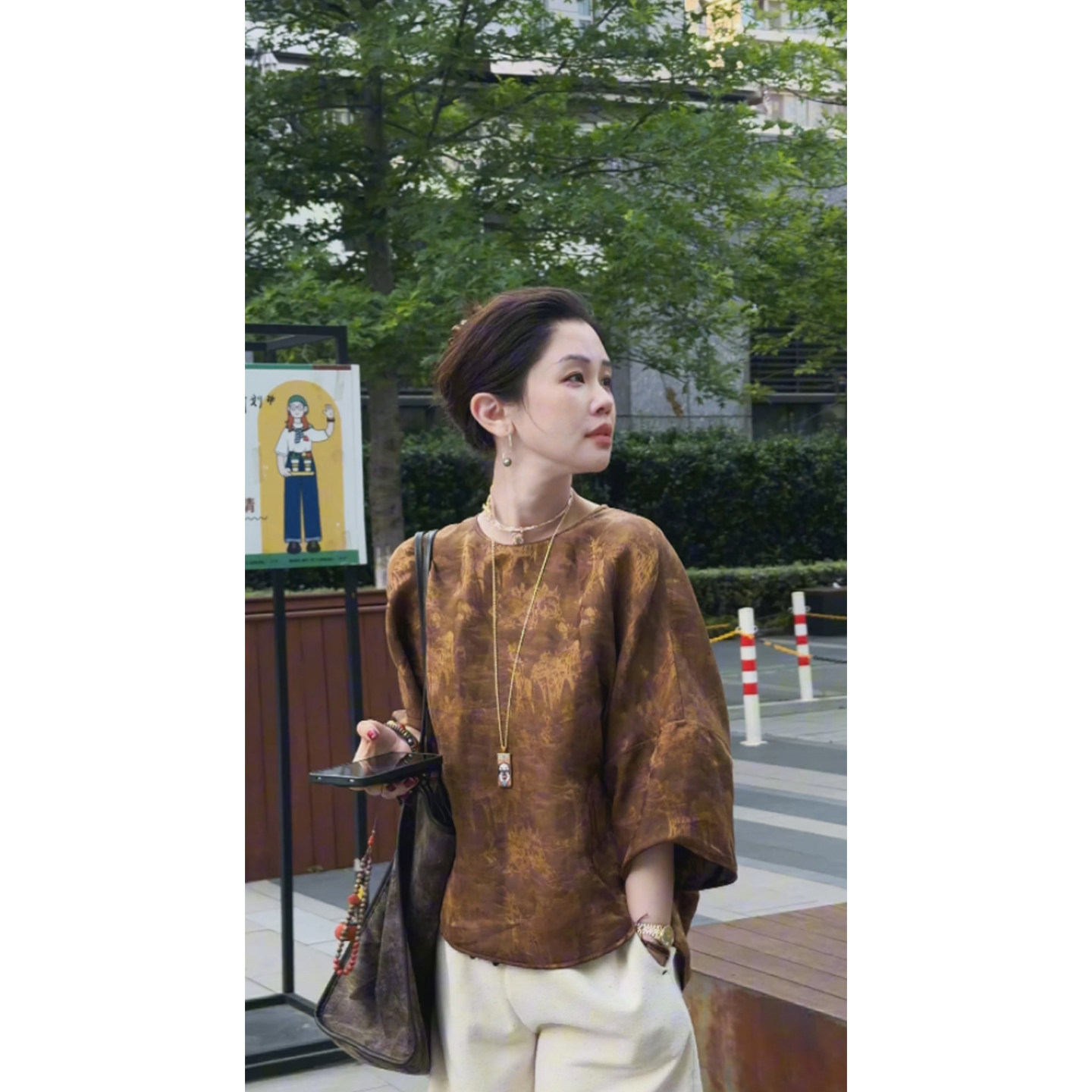 Y【叭哒不惑】日照金山上 桑蚕丝新中式百搭复古圆领宽松印花上衣