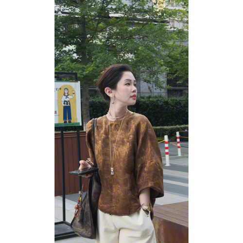 Y【叭哒不惑】日照金山上 桑蚕丝新中式百搭复古圆领宽松印花上衣
