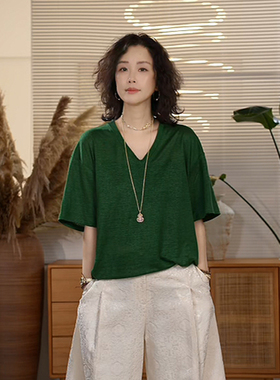 Y【叭哒不惑】漫野 亚麻休闲松弛感简约V领短袖T恤上衣