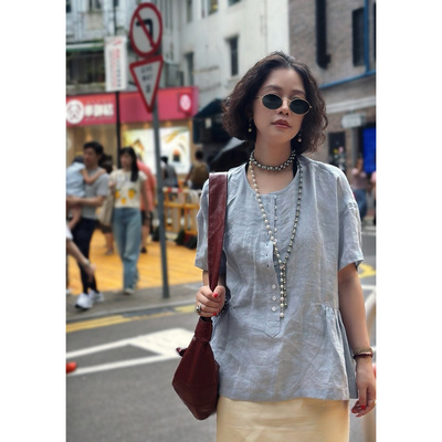 X【叭哒不惑】云杉 亚麻套头夏季常规款蓝色百搭休闲短袖衬衫