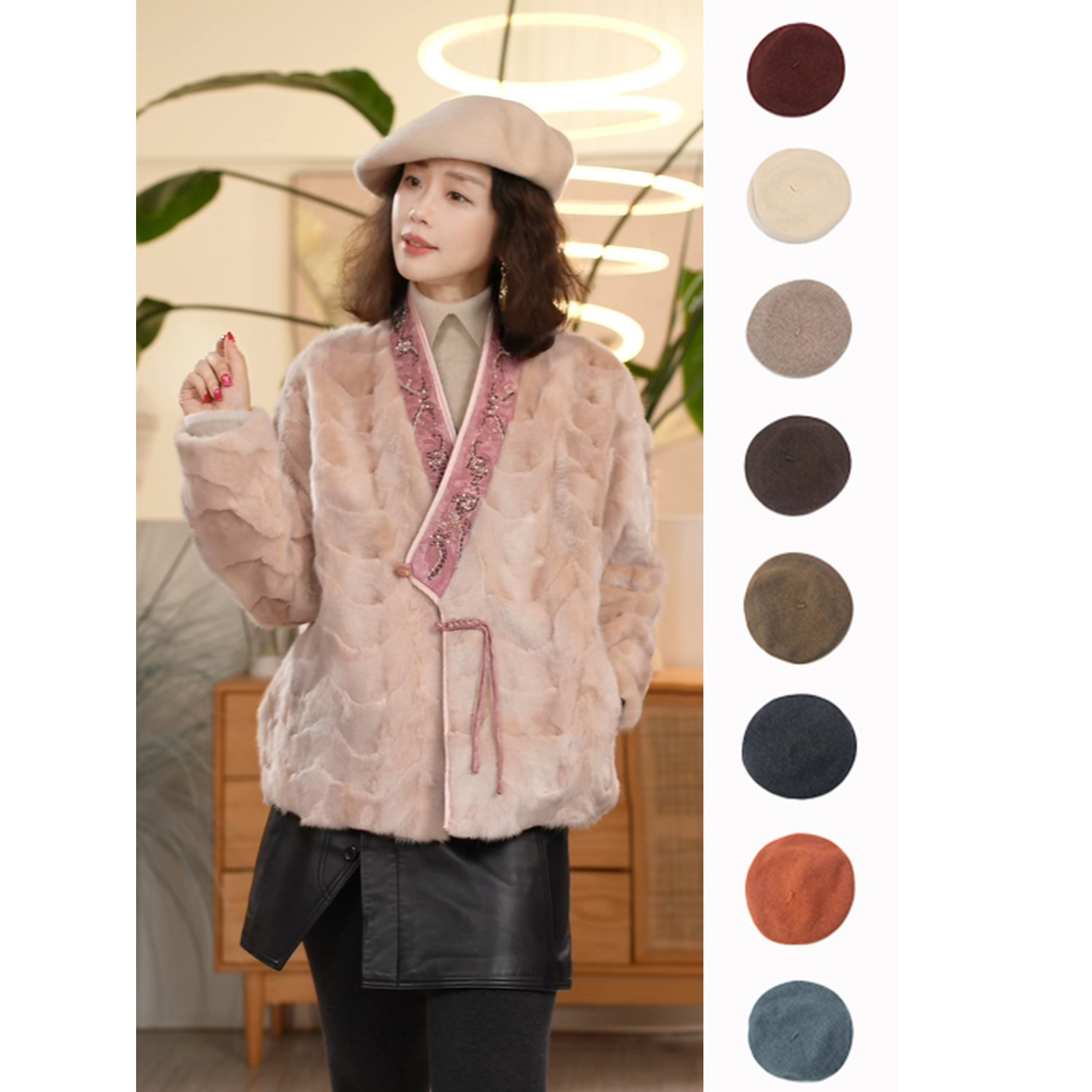 Y【叭哒不惑】绵羊毛贝雷帽女显脸小画家帽气质百搭帽子