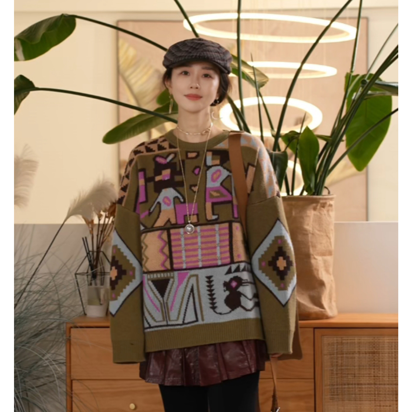 X【叭哒不惑】野趣部落 山羊绒冬季极简风女时尚提花百搭复古毛衣