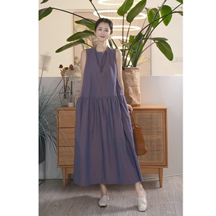 Y【叭哒不惑】孔雀翎 苎麻圆领高级感无袖连衣裙女气质宽松百搭