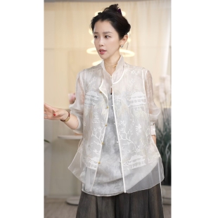 欧根纱真丝圆领刺绣高级感国风马甲女休闲 浅春 叭哒不惑