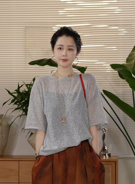 X【叭哒不惑】闲叙 亚麻纯色慵懒风圆领宽松百搭短袖T恤上衣