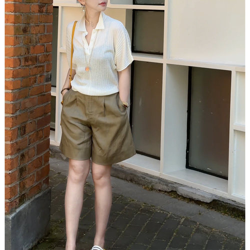 Y【叭哒不惑】卡其闲  亚麻莱赛尔纯色夏季高腰显瘦阔腿短裤女