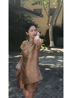 Y【叭哒不惑】檀花 桑蚕丝浮光锦国风新中式宽松上衣无袖斜襟上衣