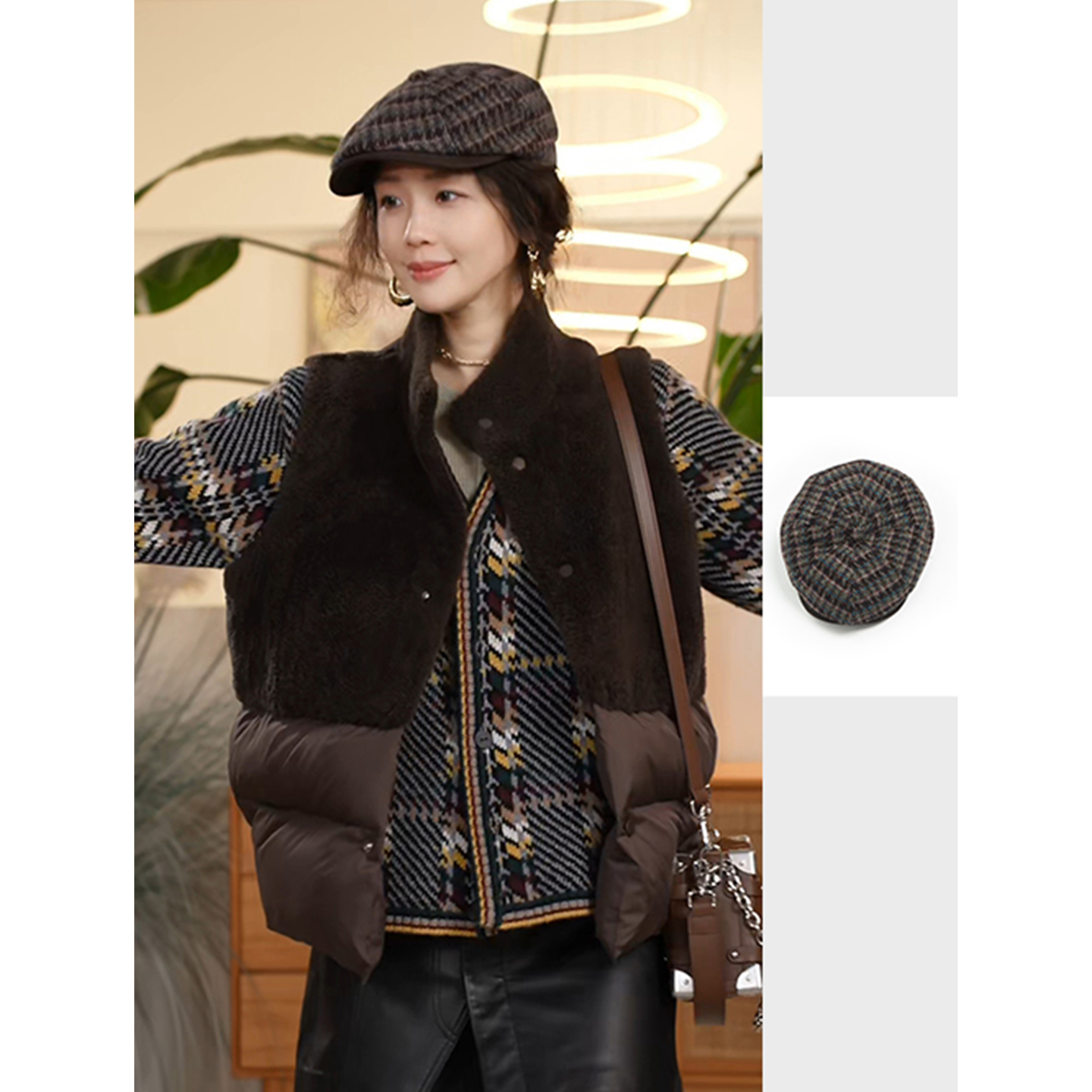 Y 【叭哒不惑】绵羊毛复古格子鸭舌帽女气质百搭帽子