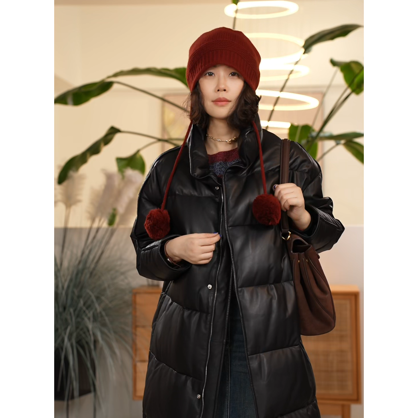 库茵极简风羊皮中长款立领