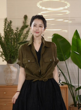 X【叭哒不惑】苎麻夏季时尚百搭简约纯色短袖翻领衬衫女
