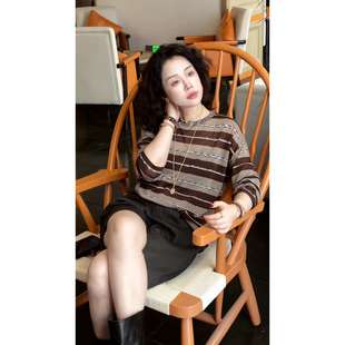 Y【叭哒不惑】丽友派 亚麻休闲宽松条纹圆领舒适显瘦长袖T恤上衣