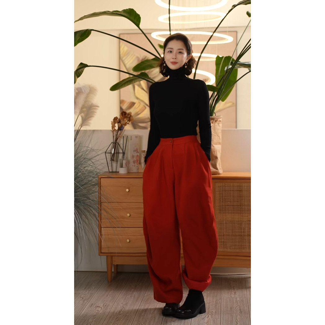 羊毛松紧腰设计感宽松阔腿裤女裤