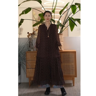 X【叭哒不惑】 顺纡桑蚕丝时尚碎花长款连衣裙优雅百搭女显瘦