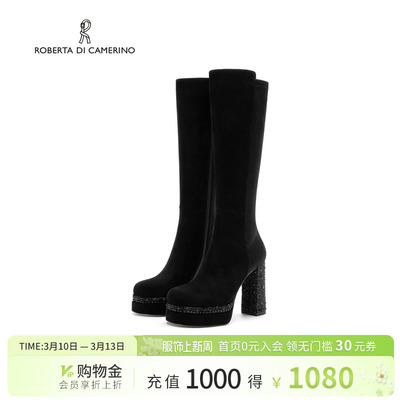 诺贝达冬季长筒弹力靴新款水钻高跟女靴百搭显瘦时装靴RA254310