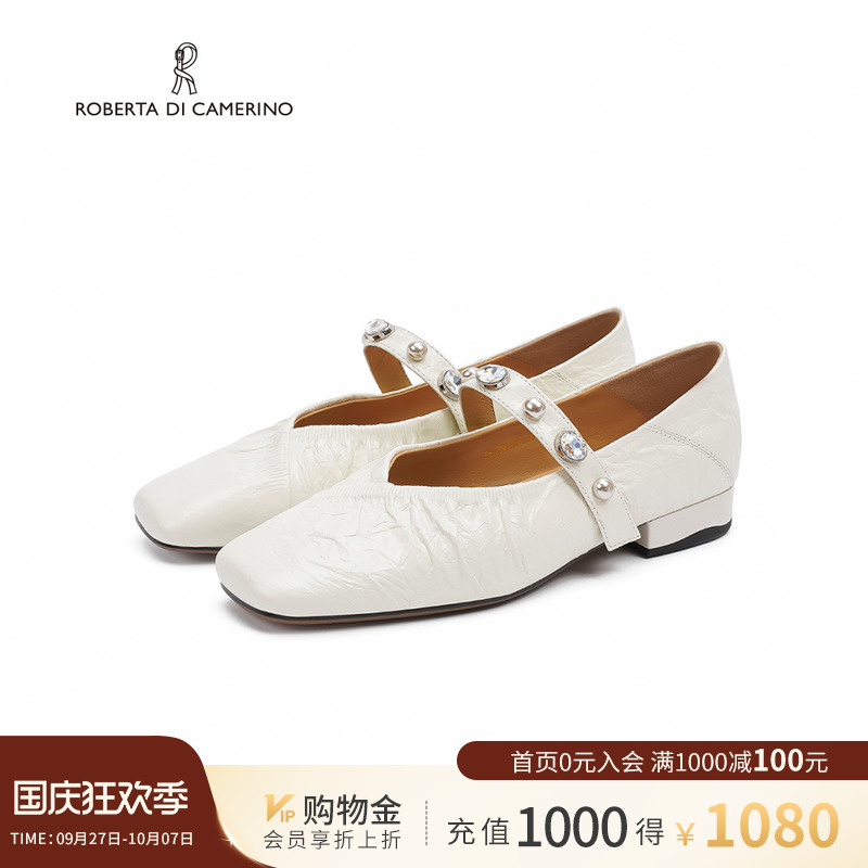 诺贝达玛丽珍鞋浅口休闲时尚褶皱气质女鞋珍珠平底单鞋RWL250102