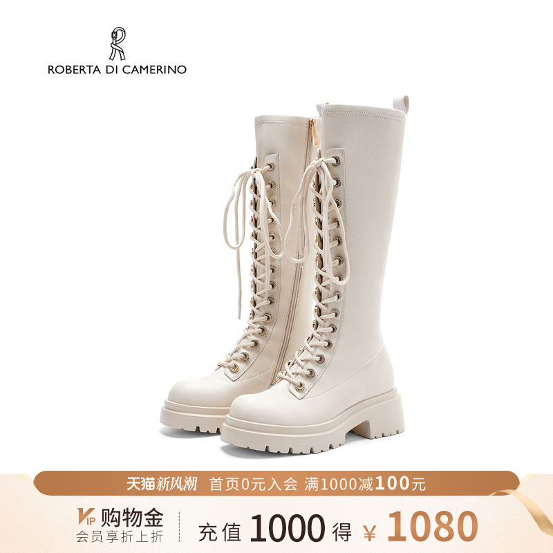 诺贝达马丁靴冬季新款气质百搭高筒骑士靴厚底系带长筒靴RA258210