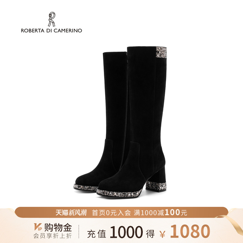 诺贝达冬季新款时装靴水钻高跟长筒靴显瘦百搭高筒女靴RA247611